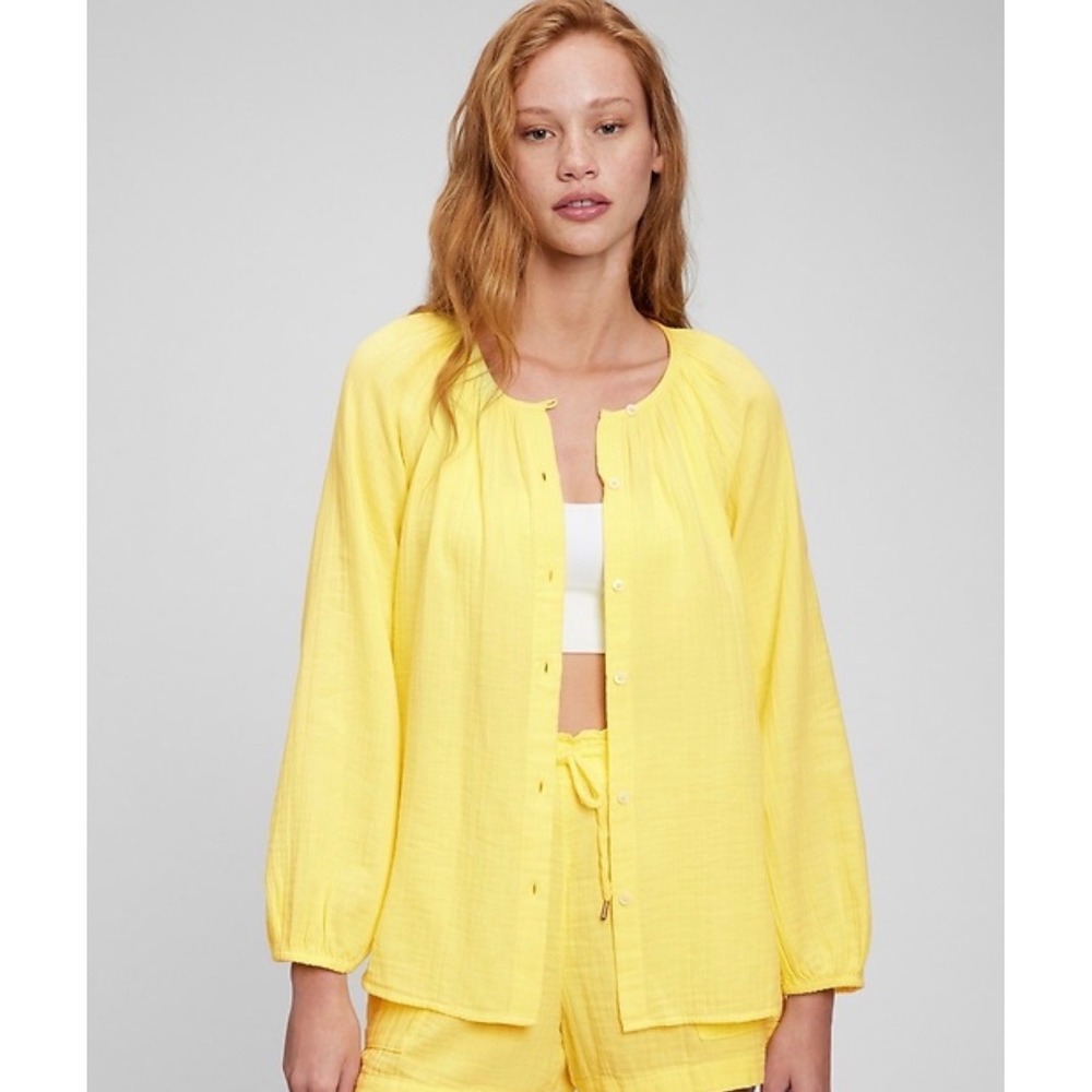 Gap Womens Yellow Cotton Double Gauze Button Down Long Sleeve Shirt/Short SET